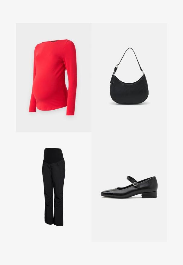 Blusa de maternidad roja de manga larga con escote redondo. Fabricada en una tela suave y elástica, diseñada para adaptarse a una barriga en crecimiento.; Pantalones de maternidad negros con una pretina alta y elástica, diseño de pierna recta y textura suave. Sin patrones visibles ni detalles de herrajes.; Zapatos Mary Jane de cuero negro con puntera de charol, correa de tobillo ajustable y tacón bajo. Textura suave y diseño elegante.; Bolso hobo negro hecho de cuero suave con una silueta curva, que cuenta con una sola correa ajustable y detalles de diseño minimalistas.