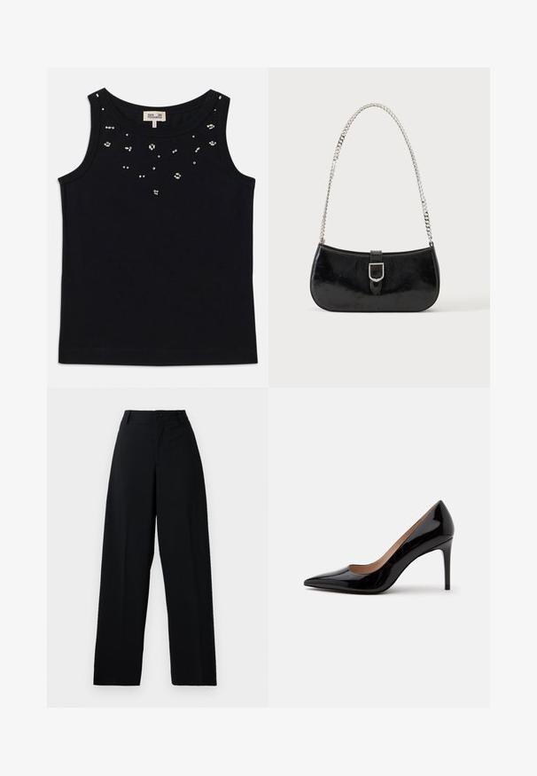 Débardeur noir sans manches avec un col rond, orné de petites embellissements en argent sur le devant. Fabriqué à partir d'un tissu doux.; Pantalons noirs taille haute à larges jambes avec bouton et fermeture éclair, passants de ceinture et finition en tissu lisse et propre.; Escarpin en cuir verni noir à talon haut avec bout pointu et talon aiguille, présenté de profil sur un fond blanc uni.; Sac à épaule en cuir verni noir avec détail de boucle argentée et bandoulière en chaîne argentée, présenté sur un fond uni clair.