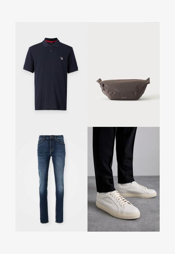 Polo shirt marine en coton, avec un col traditionnel, une patte de boutonnage à trois boutons et un petit logo brodé sur la poitrine gauche.; Jean en denim bleu foncé à coupe slim, avec cinq poches, des coutures dorées et un devant légèrement délavé pour un look décontracté.; Baskets en cuir beige clair avec des lacets plats, une surface texturée et une semelle en caoutchouc crème contrastante, associées à un pantalon noir fuselé.; Sac banane en tissu marron foncé avec poche zippée en diagonale et petit logo blanc sur le devant, sur un fond clair uni.