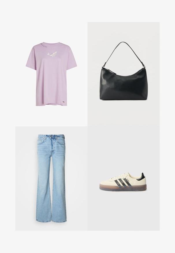 T-shirt en coton violet clair avec col rond, manches courtes et un graphisme blanc représentant une baleine. Dispose d'une petite étiquette logo à l'ourlet.; Jean bleu clair avec une coupe pattes d'éléphant, fabriqué en denim, doté d'une fermeture à bouton sur le devant, cinq poches, et un léger effet délavé.; Baskets beiges avec trois bandes noires, bout rond, semelle en caoutchouc texturée et dessus lisse. Caractérisées par un talon rembourré et un marquage minimal.; Sac bandoulière en cuir noir texturé avec fermeture éclair incurvée en haut et une seule sangle ajustable sur fond uni.