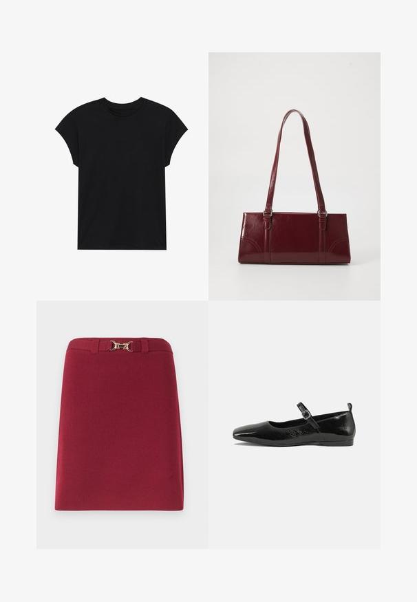 T-shirt en coton noir avec un col rond, des manches courtes et une coupe décontractée. Texture lisse sans motifs ni embellissements visibles.; Jupe bordeaux longueur genou avec passants de ceinture et détail boucle mors dorée à la taille.; Chaussure plate en cuir verni noir avec un bout pointu, une sangle de cheville avec boucles, et une texture lisse et brillante. Talon bas pour le confort.; Sac à main bordeaux en matériau brillant, de forme rectangulaire, avec deux anses et des accents légèrement courbés à l'avant.