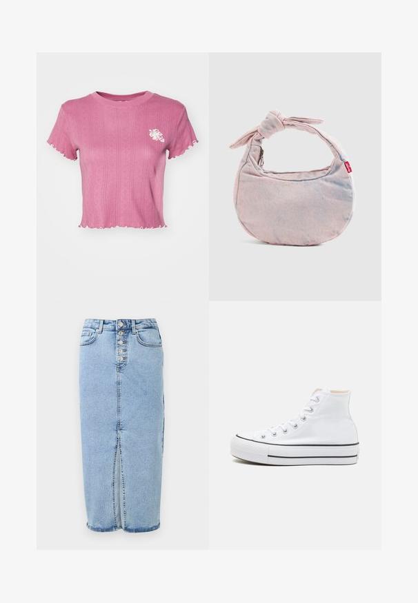 Camiseta cropped rosa con textura acanalada y bordes festoneados. Presenta un bordado floral blanco en el lado izquierdo del pecho. Tejido ligero.; Falda midi de mezclilla azul claro con cierre frontal de botones, abertura frontal, trabillas para cinturón y dos bolsillos delanteros.; Zapatillas altas blancas de material de lienzo, con suela de goma negra y una franja negra en el mediopie. Punta circular y diseño de cordones.; Bolso de mano de mezclilla color rosa claro con forma de media luna, correa anudada y etiqueta roja de Levi's sobre fondo liso.