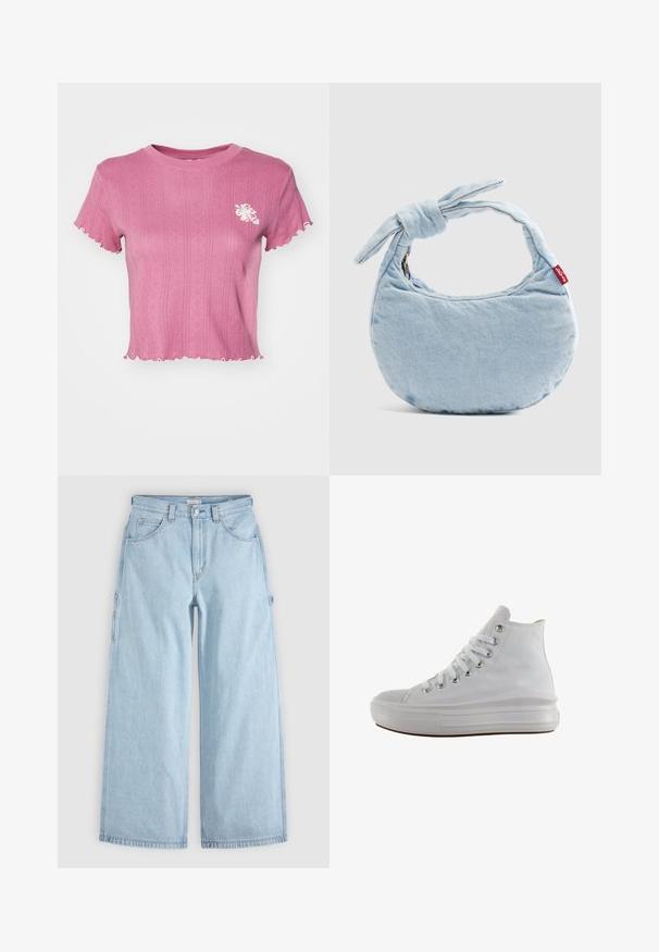 Camiseta cropped rosa con textura acanalada y bordes festoneados. Presenta un bordado floral blanco en el lado izquierdo del pecho. Tejido ligero.; Vaqueros de mezclilla azul claro de pierna ancha con bolsillos delanteros, trabillas para cinturón y anillas laterales para herramientas, extendidos sobre un fondo gris.; Zapatilla de lona blanca de caña alta con cordones blancos, ojales metálicos, suela gruesa de goma y puntera texturizada, mirando hacia la izquierda sobre un fondo blanco.; Bolso de hombro de mezclilla azul claro con un detalle de nudo en la asa y una pequeña etiqueta roja de Levi's en el lateral.