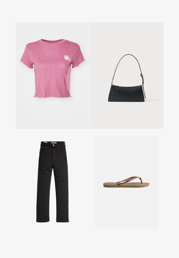 Camiseta cropped rosa con textura acanalada y bordes festoneados. Presenta un bordado floral blanco en el lado izquierdo del pecho. Tejido ligero.; Jeans de mezclilla negra con un corte recto, que cuentan con una cintura alta, diseño de cinco bolsillos, cierre de botón metálico y detalles de costura mínimos.; Chancla de goma marrón con suela texturizada y tiras en forma de V con la marca, sobre un fondo claro y liso.; Bolso de mano de cuero negro con cremallera dorada y correa ajustable con detalles rectangulares dorados sobre un fondo blanco.