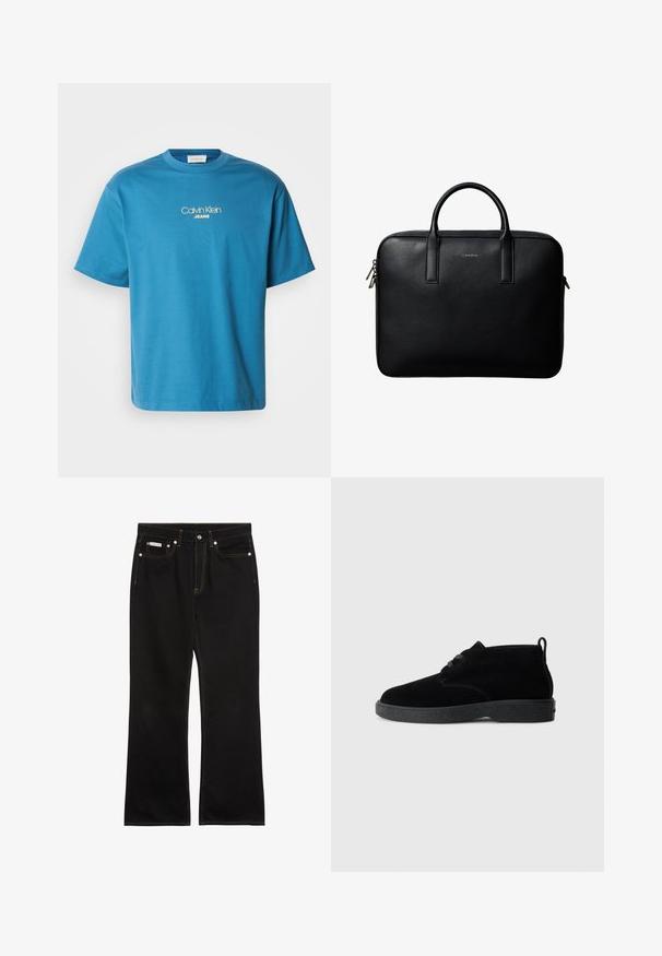 Blaues Baumwoll-T-Shirt mit Rundhalsausschnitt und kurzen Ärmeln, mit dem in Gelb gestickten Logo "Calvin Klein JEANS" zentriert auf der Brust.; Schwarze Jeans mit geradem Bein, oranger Naht, fünf Taschen, Knopfverschluss und kleinem Calvin Klein-Label auf der vorderen rechten Tasche.; Schwarze Wildleder-Stiefeletten mit runder Zehenpartie, Schnürdesign, schwarzem Gummisohle und einem Zugband an der Rückseite für einfaches An- und Ausziehen.; Schwarze strukturierte Lederaktentasche mit zwei Griffen und silbernen Reißverschlussanhängern, zentriert auf weißem Hintergrund.