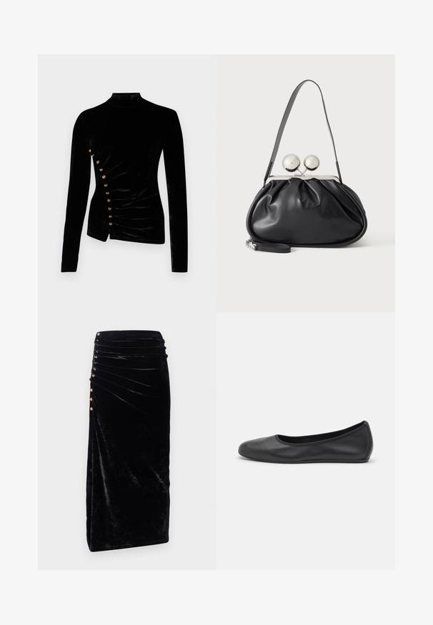 Rabanne Top s dlhým rukávom - black; Rabanne Puzdrová sukňa - black; Čierne kožené baleríny s okrúhlou špičkou, hladkým povrchom, minimálnym prešívaním a flexibilným dizajnom podrážky.; Čierna kožená kabelka so zhlukovým dizajnom, jedným popruhom, strieborným kovovým rámom a dvoma veľkými okrúhlymi striebornými zapínaniami.