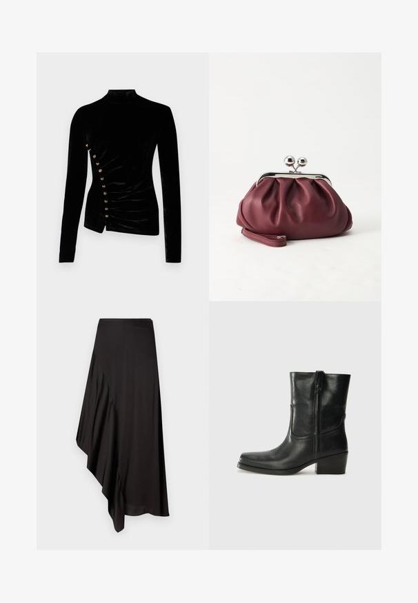 Rabanne Top s dlhým rukávom - black; AERON ASTER SKIRT - Puzdrová sukňa - black; Čierne kožené členkové topánky s okrúhlou špičkou, blokovým podpätkom, bočným zipsom a prešívaním na priehlavku. Hladká textúra, klasický dizajn.; Malá bordová kožená kabelka so strieborným kovovým zapínaním a remienkom na zápästie na bielom pozadí.