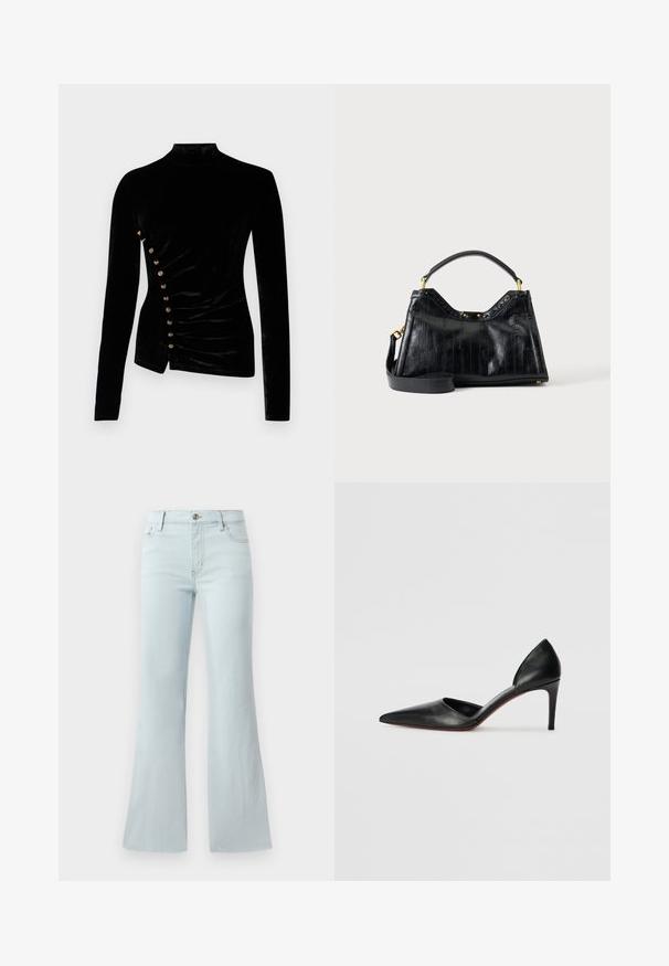 Rabanne Top s dlhým rukávom - black; Svetlomodré rozšírené džíny z denimu. Majú klasický dizajn s piatimi vreckami a predným zapínaním na gombík. Hladká textúra po celom povrchu.; Čierne kožené lodičky na vysokom opätku s špicatou špičkou, otvorenými stranami a elegantným siluetou. Majú tenký opätok a červený akcent na podrážke.; Čierna kožená kabelka s textúrovanými vertikálnymi líniami, krátkou rúčkou, odnímateľným dlhým remienkom a zlatými kovovými doplnkami na jednofarebnom pozadí.