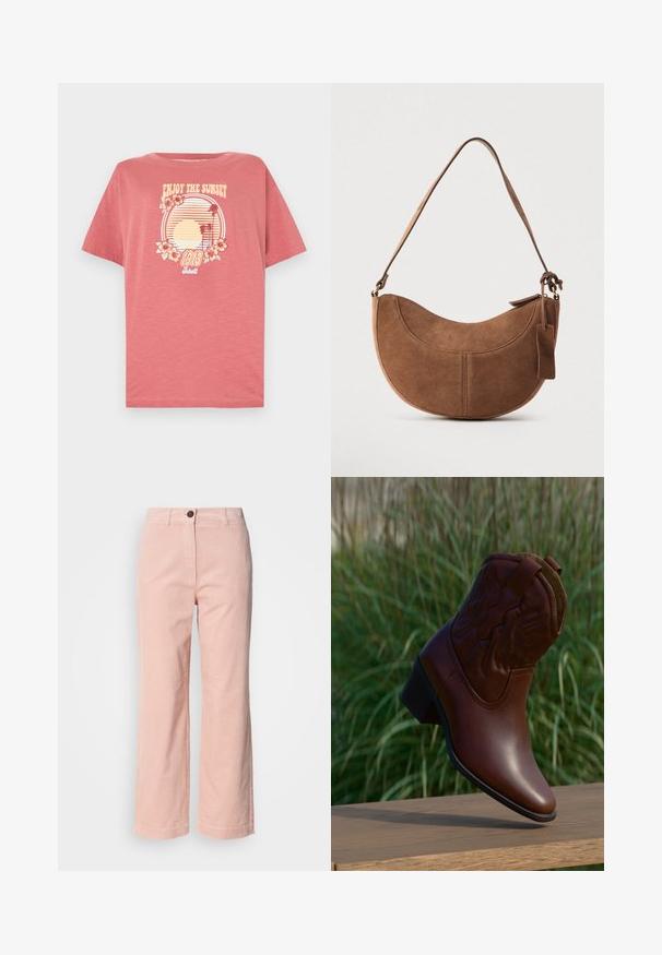 Roze katoenen t-shirt met korte mouwen. Heeft een zonsondergangafbeelding met strepen, palmbomen en bloemen. Met een ronde hals.; Lichtroze corduroy recht gesneden broek met riemlussen, sluiting met voorknop en zonder zichtbare zakken.; Bruine leren cowboylaars met decoratief stiksel, schuin omhoog geplaatst op een houten oppervlak met een vage groene grasachtergrond.; Bruine suède handtas met een gebogen, halve maanvorm. Voorzien van een schouderriem, een klein label en zichtbare stiksels langs de randen.