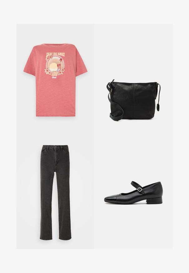 T-shirt en coton rose à manches courtes. Présente un motif de coucher de soleil avec des rayures, des palmiers et des fleurs. Design à col rond.; Jeans en denim noir à coupe droite, taille haute, cinq poches et fermeture à bouton. Le matériau a une légère texture, sans motifs visibles.; Chaussures Mary Jane en cuir noir avec un embout en vernis, une sangle cheville réglable et un petit talon carré. Texture lisse et design élégant.; Sac bandoulière en cuir noir avec une forme plate, accents en métal doré et une sangle ajustable. Texture lisse avec des détails de couture minimaux.