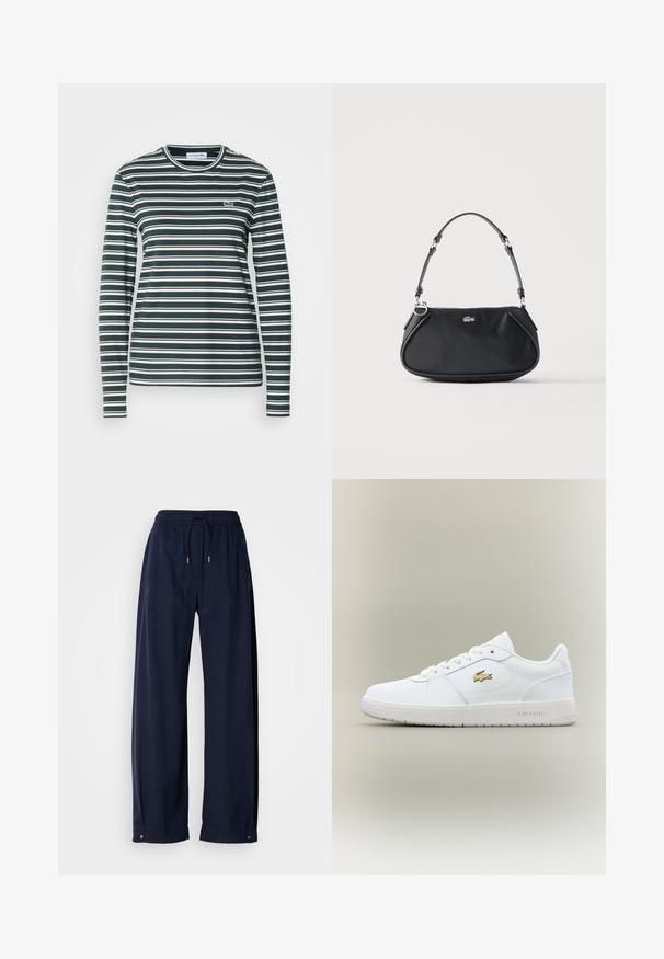 Camisa de manga larga y cuello redondo con rayas horizontales en verde oscuro y blanco. Presenta un pequeño logo bordado en el pecho. Tejido suave.; Pantalones de pierna ancha azul marino hechos de un material suave. Cuentan con una cintura elástica con cordón y detalles metálicos en el dobladillo.; Zapatillas de cuero blancas con un diseño de corte bajo, puntera redonda, cierre de cordones y un acento del logo dorado de Lacoste en el lateral.; Bolso de hombro negro con correa ajustable, cierre de cremallera y pequeño logo plateado de cocodrilo en el centro delantero.