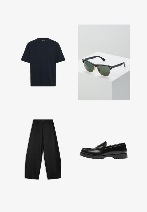 Marineblauwe katoenen T-shirt met een ronde hals, korte mouwen en een ontspannen pasvorm. Soepele textuur zonder zichtbare patronen of accenten.; Zwarte broek met wijde pijpen, hoge taille, knoopsluiting en plooien aan de voorkant, getoond op een witte achtergrond.; Zwarte leren loafer met een dikke rubberen zool en klassieke penny-strap details, gezien vanaf de buitenkant.; Ray-Ban zonnebrillen met groene lenzen, zwarte plastic monturen en gouden accenten aan de randen. Vierkante vorm met een matte afwerking.