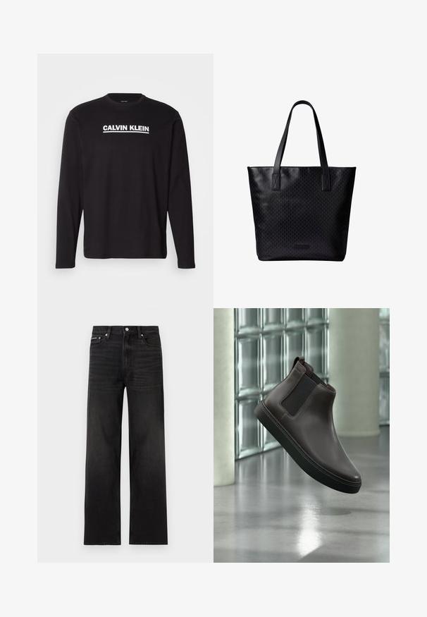 Sort langærmet skjorte lavet af bomuld, med en hvid "CALVIN KLEIN" logo tværs over brystet. Rund halsudskæring og tætsiddende ærmer.; Sorte jeans med lige ben, fem-lomme design, bæltestropper og knaplukning, vist på en hvid baggrund.; Mørkebrun læder Chelsea-støvle med sorte elastiske sidepaneler og sort sål, vist svævende over et reflekterende gulv indendørs.; Sort tote-taske med to lange håndtag, diskret geometrisk mønster, rektangulær form og lille mærke ved bunden i midten.