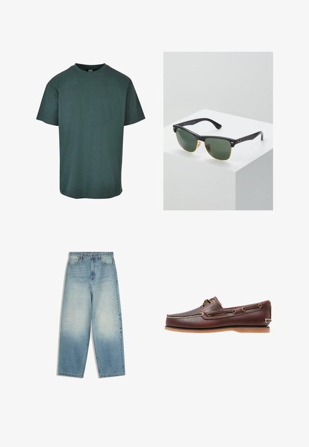 Donkergroene katoenen t-shirt met een ronde hals, korte mouwen en een rechte zoom. Zachte textuur, casual pasvorm en een eenvoudig ontwerp.; Lichtblauwe denim jeans met wijde pijpen, voorzakken, knoopsluiting en vervaagde wassing op dijen en knieën.; Bruine leren bootschoen met witte stiksels, veterdetails en beige rubberen zool, zijaanzicht op een witte achtergrond.; Ray-Ban zonnebrillen met groene lenzen, zwarte plastic monturen en gouden accenten aan de randen. Vierkante vorm met een matte afwerking.