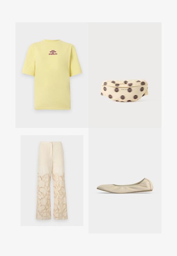 T-shirt jaune à manches courtes avec texte violet centré sur la poitrine indiquant "C'EST MIEUX À STIEGLITZ" sur fond gris clair.; Pantalon large crème avec des détails en dentelle florale du milieu de la cuisse jusqu’à l’ourlet, fermeture avant par boutons et fermeture éclair.; Ballerine beige en cuir souple avec bout arrondi, profil latéral bas et semelle fine en caoutchouc sur fond blanc uni.; Banane en tissu beige avec des pois noirs flous et "STINE GOYA" imprimé en petites lettres noires à l’avant.