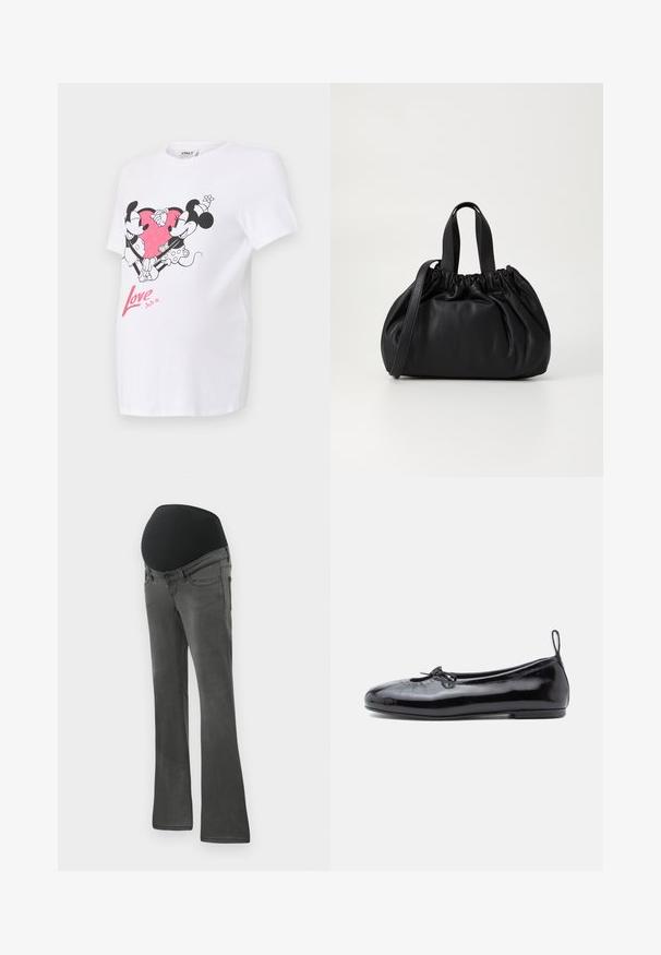 Hvid T-shirt med et grafik af Mickey og Minnie Mouse, der holder hænder, med et pink glimmer-hjerte og teksten "Kærlighed" i pink nedenfor.; Graviditetsbukser i mørkegrå denim med en bred elastisk sort talje, lige benform og subtle udblegning på stoffet.; Sorte patenterede læder ballet flats med rund tå, lille sløjfedetalje og glat tekstur; har en lav flad sål og en træksløjfe ved hælen.; Sort læderhåndtaske med en samlet topdesign, der har to korte håndtag og en lang justerbar rem. Glat overflade, rund form.