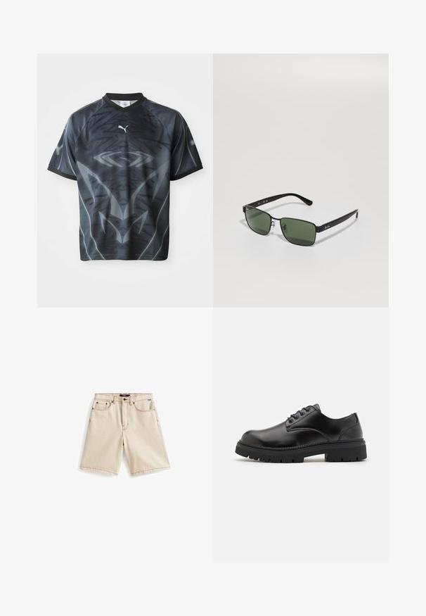 Camiseta deportiva de manga corta en negro y gris con un patrón tribal y un pequeño logotipo de Puma en blanco en el frente.; Shorts de mezclilla beige con corte recto, con costuras naranjas, cinco bolsillos y cierre en la parte superior. Diseño clásico, estilo versátil.; Zapatos de cuero negro con punta redondeada, diseño con cordones y una suela de goma gruesa y texturizada. Presentan costuras a lo largo del borde y un acabado suave.; Gafas de sol rectangulares negras con lentes verdes, acentos metálicos en la montura y logo distintivo en las patillas. Diseño ligero y elegante.