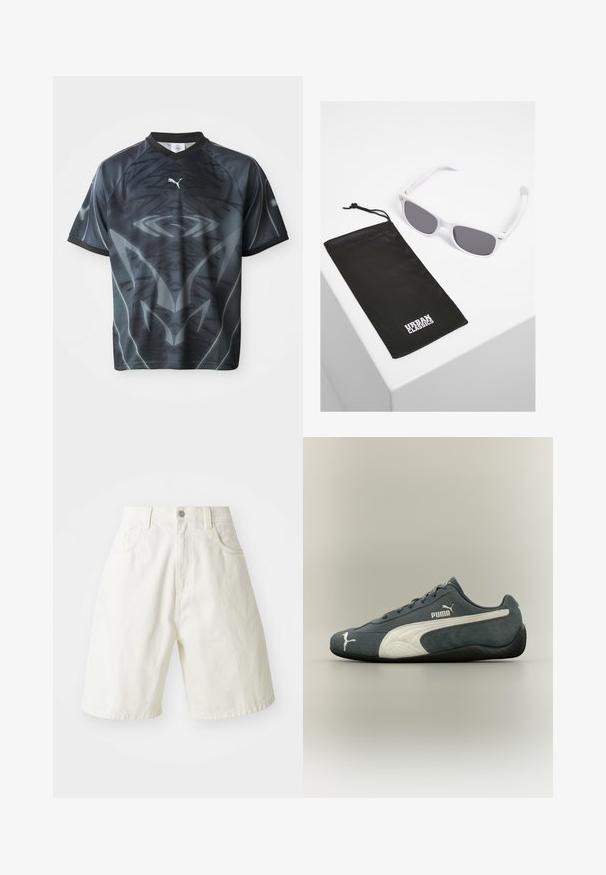 Kortærmet sort og grå sportstrøje med et tribal-lignende mønster og et lille hvidt Puma-logo på forsiden.; Hvide denimshorts med en afslappet pasform, der har en talje, fem lommer og lige ben. Stoffet har en let tekstur.; Mørkegrå Puma-sneaker med hvid sideliste, Puma-logo på siden og tåen samt sort tekstureret sål, vist i profil på neutral baggrund.; Hvide plastiksolbriller med grå linser ved siden af en sort stofpose med et hvidt "URBAN CLASSICS" logo i fed skrift.