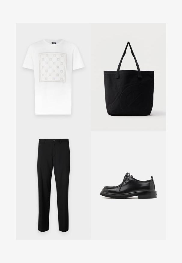 T-shirt en coton blanc présentant un grand motif carré subtil en beige clair avec des formes arrondies et des accents, terminé par un col rond.; Pantalons noirs ajustés avec une coupe plate, taille standard et jambes droites. Fabriqués en tissu lisse, dotés d'une fermeture à un bouton.; Calvin Klein LACE UP APRON BRUSH OFF - Derbies - black; Sac fourre-tout en toile noire avec deux bandoulières et un motif circulaire discret en relief sur le devant.