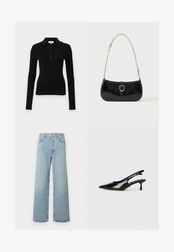 Polo noir à manches longues en tissu doux, présentant un col à revers, une patte de boutonnage et une coupe ajustée pour une silhouette élancée.; Jean large coupe pattes d'éléphant bleu clair en tissu denim avec une taille haute. Comprend cinq poches, une fermeture à bouton, et une texture subtilement délavée.; Escarpins à talons slingback en cuir verni noir avec un bout pointu, un talon fin et une sangle réglable. Texture lisse avec un détail minimal.; Sac à épaule en cuir verni noir avec détail de boucle argentée et bandoulière en chaîne argentée, présenté sur un fond uni clair.