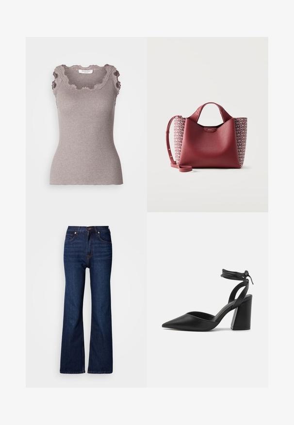 Ribbet, ærmeløs top i dæmpet taupe med blondebesatte scalloped halsudskæring og rå kantdetaljer for tekstur og detalje.; Vida, mørkeblå denimjeans med fem lommer, knaplukning og kontrastsyningsdetaljer. Glat tekstur med et robust udseende.; Sort spidse pumps med en struktureret blokhæl, glat lædermateriale og en justerbar ankelrem for en sikker pasform.; Rød tekstureret lædertaske med korte håndtag, justerbar skulderrem og sidepaneler med gentagne hvide "DKNY"-logoer.