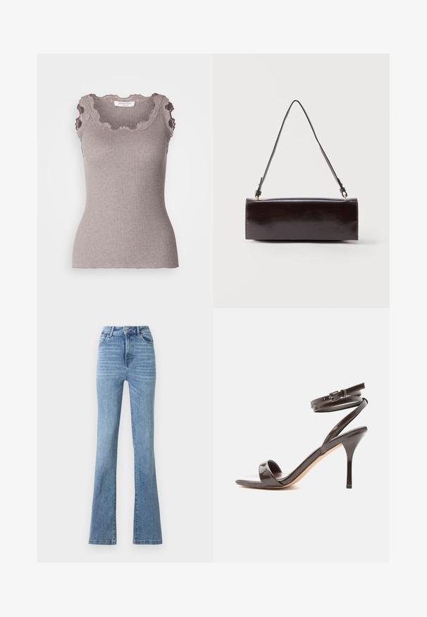 Ribbet, ærmeløs top i dæmpet taupe med blondebesatte scalloped halsudskæring og rå kantdetaljer for tekstur og detalje.; Lys blå denimjeans med høj talje, dobbelt knaplukning, klassisk fem-lommers design og let udvidede ben.; Mørkebrune laklædersandal med høj hæl, tynd ankelrem og åben tå på hvid baggrund.; Rektangulær sort læderhåndtaske med en enkelt lang rem og blank finish, vist mod en ensfarvet hvid baggrund.