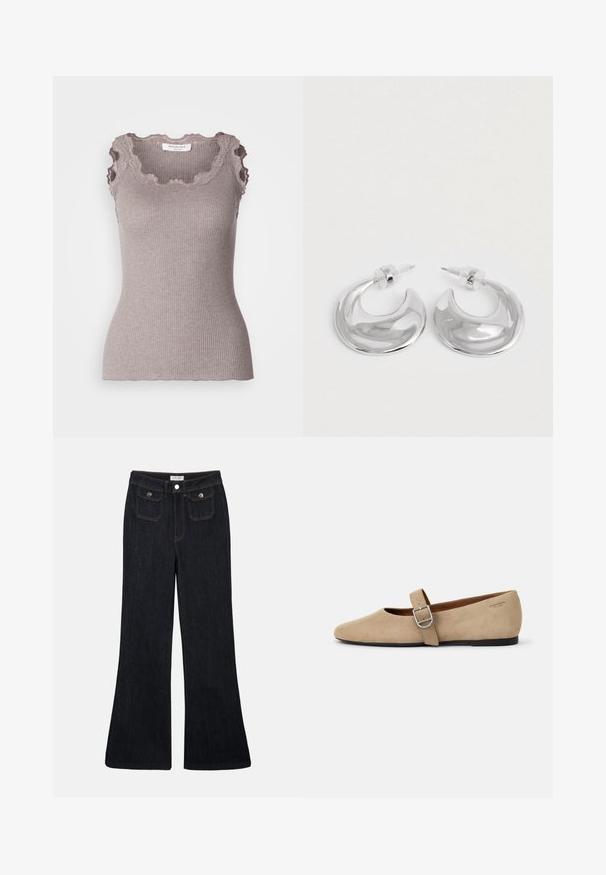 Ribbet, ærmeløs top i dæmpet taupe med blondebesatte scalloped halsudskæring og rå kantdetaljer for tekstur og detalje.; Sorte denim jeans med høj talje, flared ben, to frontlommer og orange syninger. Materialet ser solidt og glat ud.; Beige ruskind Mary Jane flade sko med spids tå og et enkelt justerbart strop med en sølv spænde. Sort flad sål.; Et par polerede sølv halvmåneformede hoop øreringe med klare plastikbagsider på en hvid overflade.