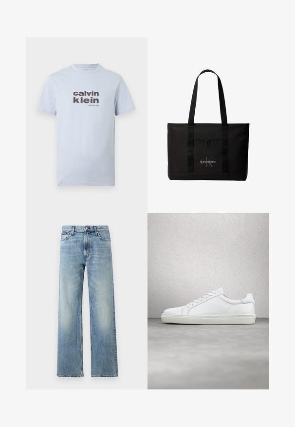 Ανοιχτό μπλε βαμβακερό T-shirt με κοντά μανίκια, που έχει τυπωμένο μπροστά σκούρο καφέ κείμενο "calvin klein" και "New York City".; Ανοιχτό μπλε τζιν παντελόνι με ίσια γραμμή και ψηλή μέση, πέντε τσέπες, κούμπωμα με κουμπί και διακριτικό ξεθώριασμα στους μηρούς και τα γόνατα.; Λευκό αθλητικό παπούτσι με άνω μέρος από λείο δέρμα και χαμηλό προφίλ. Διαθέτει στρογγυλεμένη μύτη, έξι τρυπούλες και υφασμένη καουτσούκ σόλα.; Μαύρη τσάντα tote Calvin Klein με δύο μακριές λαβές και μπροστινή τσέπη, με το λογότυπο της μάρκας σε λευκό και γκρι.