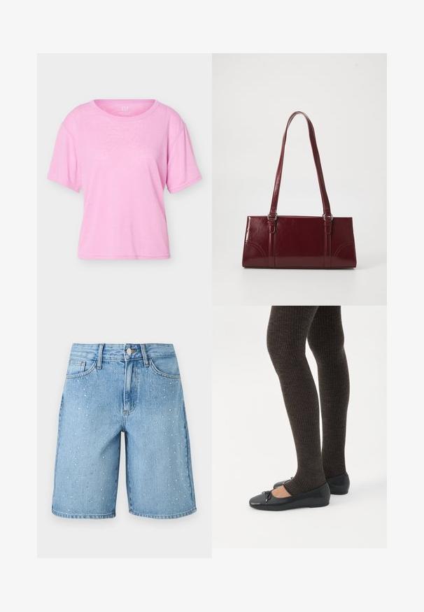 T-shirt en coton rose clair à manches courtes, col rond, coupe ample, avec étiquette visible de la marque GAP à l'intérieur du col.; Short en jean bleu clair avec de petites embellissements argentés dispersés, fermeture à bouton et zip devant, et poches avant.; Jambes portant des leggings côtelés foncés associés à des ballerines noires avec de petits détails en nœud sur fond blanc.; Sac à main bordeaux en matériau brillant, de forme rectangulaire, avec deux anses et des accents légèrement courbés à l'avant.
