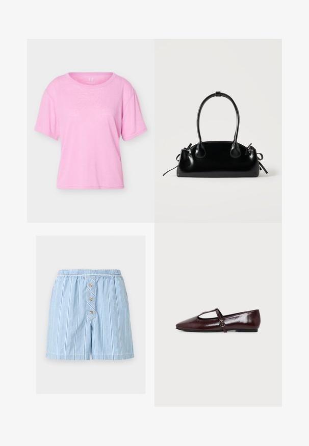 T-shirt en coton rose clair à manches courtes, col rond, coupe ample, avec étiquette visible de la marque GAP à l'intérieur du col.; Shorts bleu clair avec rayures verticales blanches, ceinture élastique et trois boutons en bois sur une patte de boutonnage diagonale à l'avant.; Chaussure plate en cuir bordeaux foncé avec un bout pointu et une fine bride en T avec une boucle argentée sur fond blanc.; Petit sac à main noir brillant avec deux longues anses et des détails à cordon sur les côtés sur un fond clair uni.