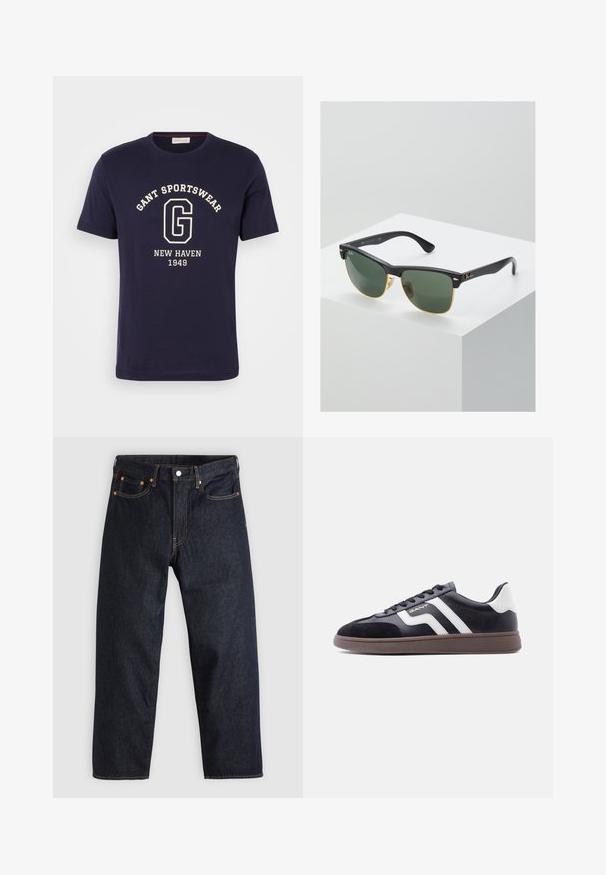 Marineblauw katoenen T-shirt met een witte opdruk van "GANT SPORTSWEAR," "NEW HAVEN," en "1949." Ronde halslijn en korte mouwen.; Donkerblauwe denim jeans met een rechte snit, vijf zakken, contrasterende oranje stiksels en een knoopsluiting. Geen zichtbare patronen of versieringen.; Zwarte sneakers van suède en synthetisch materiaal, met witte diagonale strepen en een bruine textuurzool. Voorzien van een veterontwerp en een gevoerde kraag.; Ray-Ban zonnebrillen met groene lenzen, zwarte plastic monturen en gouden accenten aan de randen. Vierkante vorm met een matte afwerking.