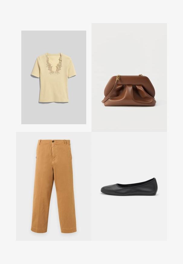 Cream short-sleeve ribbed knit top with deep V-neckline featuring floral lace trim detailing.; Brown straight-leg casual pants with belt loops, button closure, and side pockets against a white background.; Black leather ballet flat with a rounded toe, smooth texture, minimal stitching detail, and a flexible sole design.; Brown leather clutch bag with gathered design, gold-tone hardware, and detachable wrist strap on a white background.