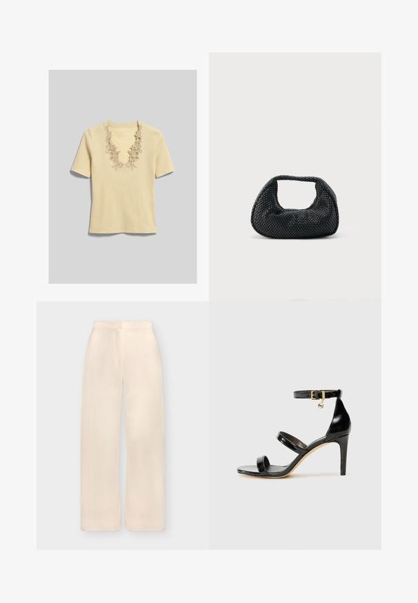 Cream short-sleeve ribbed knit top with deep V-neckline featuring floral lace trim detailing.; High-waist, wide-leg cream trousers with a concealed front fastening and smooth fabric texture.; Black patent leather sandal with three straps, ankle buckle, and 4-inch stiletto heel. Features gold hardware detail and logo charm.; Black woven hobo bag with a soft structure and integrated handle, displayed on a plain light background.