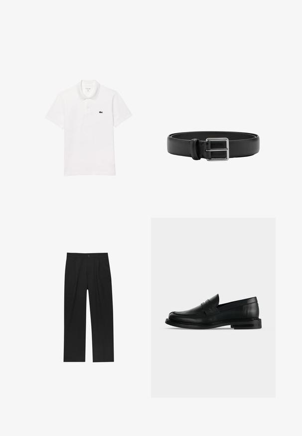 Weißes Polohemd aus Baumwolle mit klassischem Kragen, kurzen Ärmeln und einem kleinen Logo in Marineblau auf der linken Brust.; Schwarze Hose mit geradem Schnitt, aus einem glatten Stoff gefertigt. Verfügt über Vorderfalten und einen einzelnen Knopfverschluss an der Taille.; Schwarzer Leder-Pennyloafer für Herren mit niedrigem, gestapeltem Absatz und abgerundetem Zehenbereich, von der Seite auf hellgrauem Hintergrund gezeigt.; Schwarzer Ledergürtel mit einer silbernen rechteckigen Metallschnalle und einer einzelnen Schlaufe zum Befestigen.