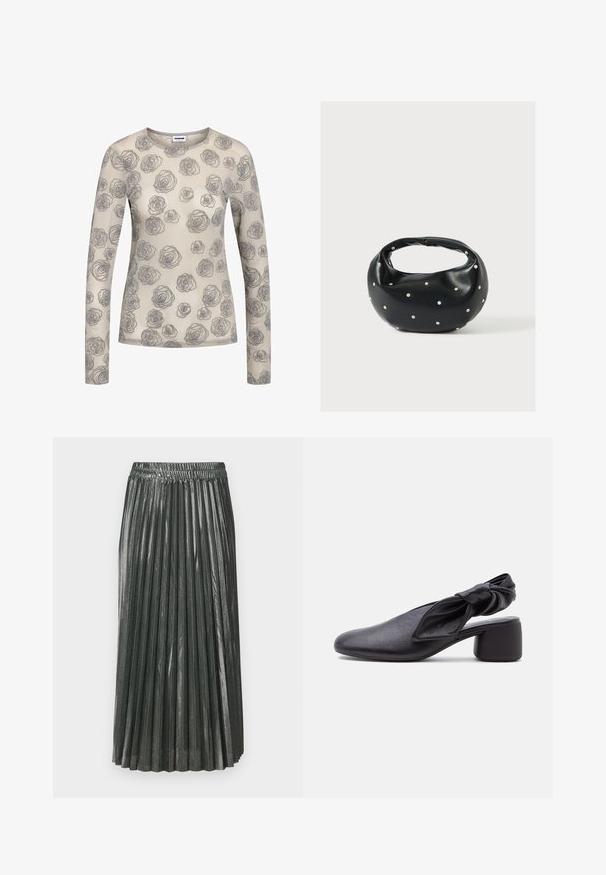 Beige langærmet skjorte med et blomstermønster af grå roser. Lavet af et let, gennemskinneligt materiale med en rund halsudskæring.; Metallic grøn plisseret nederdel med elastisk talje. Har smalle, vertikale plisser og et mellemlangt design, der skaber en struktureret silhuet.; Sort læder slingback-sko med rundet tå, detaljer med knyttet rem og lav blokhæl på hvid baggrund.; Sort læderhåndtaske med en rundet form, dekoreret med sølvnitter, og et kort håndtag. Glat tekstur og lynlåslukning.