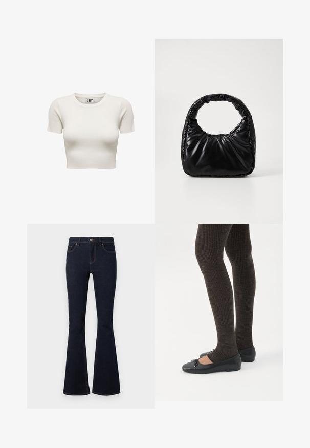 Crèmekleurige korte mouwen geribbelde crop top met ronde hals en JDY merklabel binnenin de kraag, weergegeven op witte achtergrond.; Donkerblauwe uitlopende jeans van denim, met een aansluitende taille, klassiek vijf-pocketontwerp en contrasterende stiksels langs de naden.; Benen met donkere geribbelde leggings gecombineerd met zwarte ballerina's met kleine strikdetails op een witte achtergrond.; Zwarte gevoerde handtas met een ronde handgreep, met een gladde, glanzende oppervlakte en een zachte, gewatteerde textuur. Geen zichtbare metalen onderdelen of accenten.