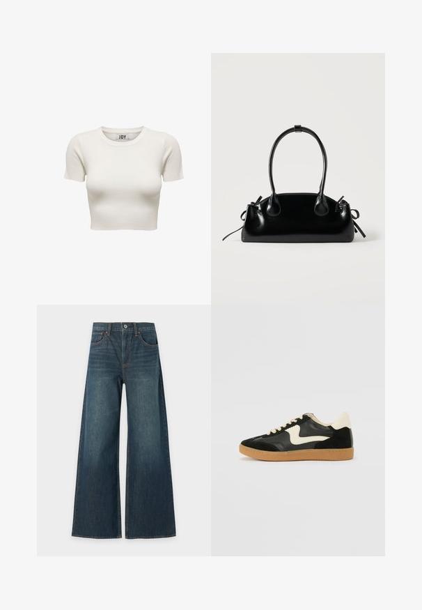 Cremefarvet kortærmet ribbet crop top med rund halsudskæring og JDY brandlabel inden i kraven, vist på hvid baggrund.; Blå bredbenede denimjeans med fem lommer, knaplukning og synlige brune syninger, vist fladt på en hvid baggrund.; Sorte ruskinds- og lædersneakers med en cremefarvet side-swoosh og lys cremefarvet hæl. Har beige snørebånd og en gummirubber-sål.; Lille sort blank håndtaske med to lange håndtag og snøre-detaljer i siden på en ensfarvet lys baggrund.