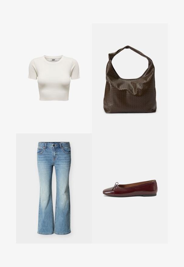 Cremefarbiges kurzärmeliges geripptes Crop-Top mit Rundhalsausschnitt und JDY-Markenlabel innen am Kragen, auf weißem Hintergrund präsentiert.; Hellblaue Jeans mit ausgestelltem Bein aus Denim, ausgestattet mit klassischem Fünf-Taschen-Design, Knopfverschluss und allmählichem Verblassen zum Saum hin.; Burgunderfarbenes, lackiertes Ballettschuh mit abgerundetem Zehenbereich, kleiner Schleifenakzent vorne und einer niedrigen, schwarzen Gummisohle. Glatte Textur.; Braune, gewebte Lederhandtasche mit lässiger Form, einem einzelnen Griff und einer strukturierten Oberfläche. Verfügt über ein weiches, glänzendes Finish und abgerundete Kanten.