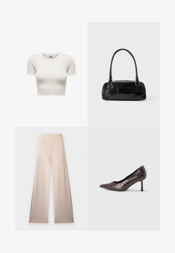 Cremefarvet kortærmet ribbet crop top med rund halsudskæring og JDY brandlabel inden i kraven, vist på hvid baggrund.; Beige bukser med vide ben, høj talje og to lodrette rækker med hver tre gyldne dekorative knapper foran.; Brune kunstlæder stiletter med spidse tæer og krokodilletekstur, der har en slank, vinklet hæl og en glat inderside.; Sort læderhåndtaske med rektangulær form, der har et enkelt struktureret håndtag, sølvhardware og lynlås-lukning. Glat tekstur.