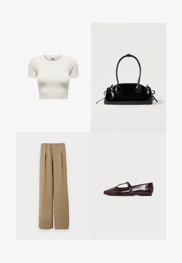 Crèmekleurige korte mouwen geribbelde crop top met ronde hals en JDY merklabel binnenin de kraag, weergegeven op witte achtergrond.; Beige, hoge taille wijde broek met plooien en een gestructureerde stof, weergegeven tegen een witte achtergrond.; Donker bordeauxrode leren platte schoen met een puntige neus en een dunne T-strap met een zilveren gesp op een witte achtergrond.; Kleine zwarte glanzende handtas met twee lange hengsels en zijkant trekkoord details op een effen lichte achtergrond.