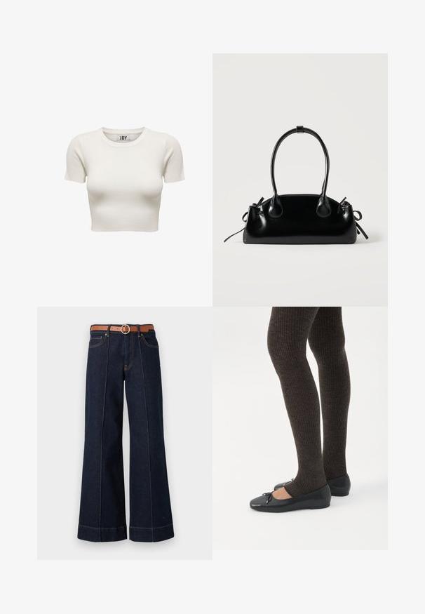 Top corto de canalé color crema con mangas cortas y cuello redondo, con etiqueta de la marca JDY en el interior del cuello, mostrado sobre fondo blanco.; Jeans de mezclilla de un azul oscuro, de pierna ancha y con una cintura alta, cinturón marrón y detalles de costura visibles. Incluye bolsillos delanteros y un ajuste relajado.; Piernas con leggings oscuros acanalados combinados con bailarinas negras que presentan pequeños detalles de lazo sobre un fondo blanco.; Pequeño bolso negro brillante con dos asas largas y detalles de cordón lateral sobre un fondo claro liso.