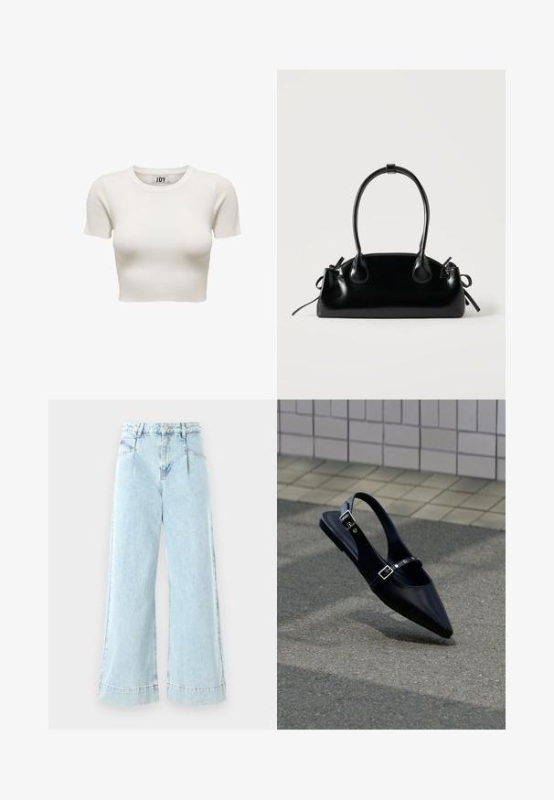 Crèmekleurige korte mouwen geribbelde crop top met ronde hals en JDY merklabel binnenin de kraag, weergegeven op witte achtergrond.; Lichtblauwe wijde jeans gemaakt van denim, met een hoge taille, voorzakken en gestikte accenten aan de zoom.; Zwarte platte slingback met spits toelopende neus en dubbele gespsluitingen, rustend op grijs asfalt bij een achtergrond van betegelde muur.; Kleine zwarte glanzende handtas met twee lange hengsels en zijkant trekkoord details op een effen lichte achtergrond.