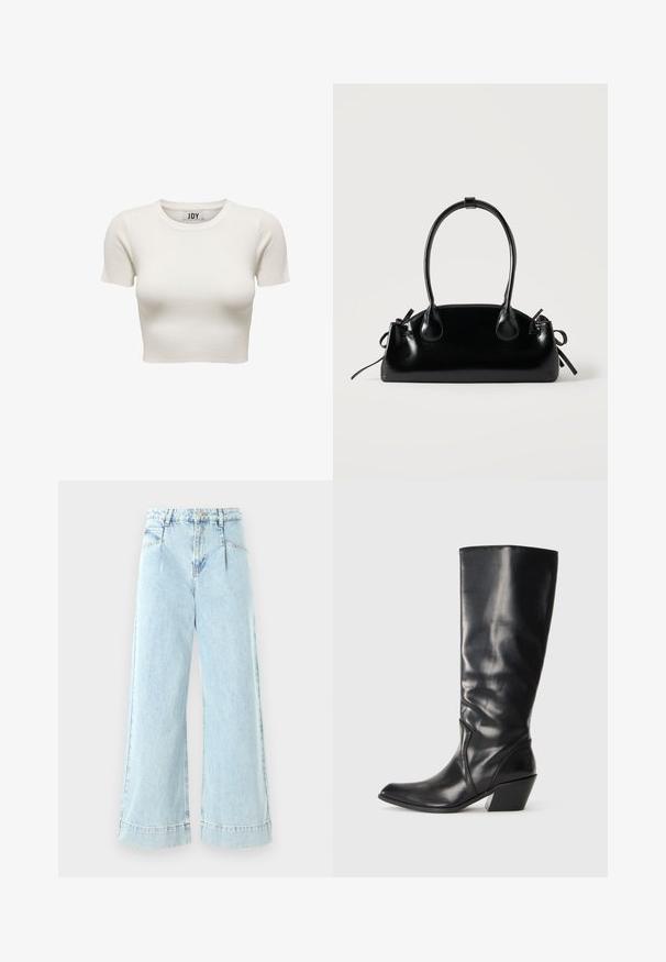Cremefarvet kortærmet ribbet crop top med rund halsudskæring og JDY brandlabel inden i kraven, vist på hvid baggrund.; Lyseblå vidbenede jeans lavet af denim, med høj talje, forlommer og syede detaljer ved kanten.; Sorte læder knæhøje støvler med spids tå, vinklet hæl og glat tekstur. Funktioner en subtil syning langs siden.; Lille sort blank håndtaske med to lange håndtag og snøre-detaljer i siden på en ensfarvet lys baggrund.