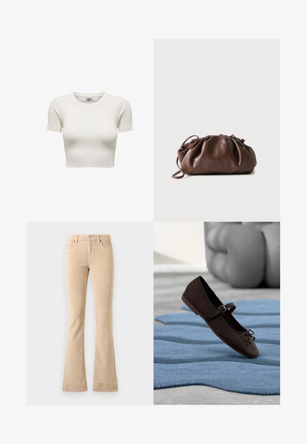 Top corto de canalé color crema con mangas cortas y cuello redondo, con etiqueta de la marca JDY en el interior del cuello, mostrado sobre fondo blanco.; Pantalones acampanados de corduroy beige con un acabado texturizado, dos bolsillos delanteros, una cremallera y un detalle de botón en tono plateado.; Zapato plano Mary Jane de color marrón oscuro con hebilla y detalle de lazo, descansando sobre una alfombra texturizada azul ondulada y un sofá acolchado gris al fondo.; Bolso tipo bolsa de cuero marrón suave con parte superior fruncida y asa delgada, apoyado sobre un fondo blanco.