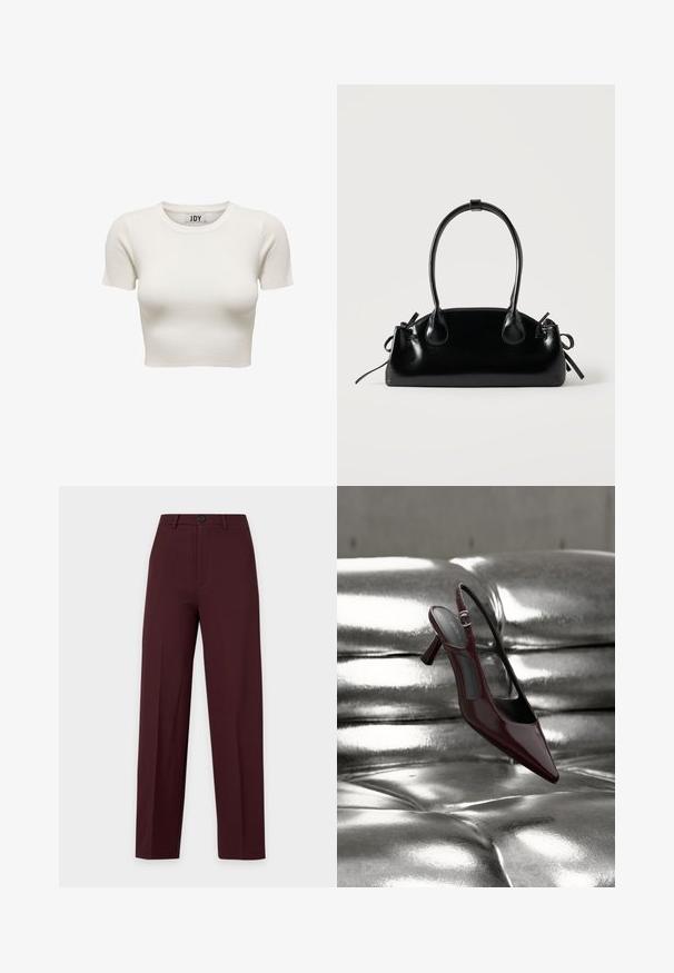 Crèmekleurige korte mouwen geribbelde crop top met ronde hals en JDY merklabel binnenin de kraag, weergegeven op witte achtergrond.; Donker bordeaux straight-fit broek met knoop- en ritssluiting, riemlussen en geperste vouwen, getoond tegen een effen achtergrond.; Glanzende donkerrode slingback pumps met hoge hak en puntige neus, gepresenteerd op een glanzend zilveren, getuft leren oppervlak.; Kleine zwarte glanzende handtas met twee lange hengsels en zijkant trekkoord details op een effen lichte achtergrond.