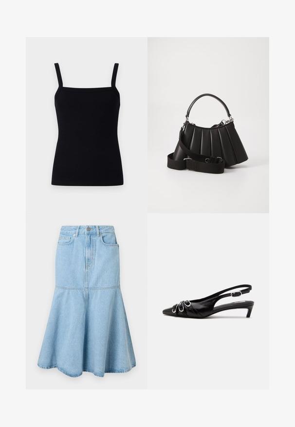 Sort ribbet tanktop med justerbare stropper, firkantet udskæring og et tætsiddende design, der krammer kroppen, lavet af et strækbart stof.; Lyselilla denimnederdel med en flagrende bund, der har en tætsiddende talje, lommer og subtile syninger.; Sort læder slingback sko med spids tå, tre sølvspænder på forsiden og lav lille hæl på hvid baggrund.; Sort plisseret handbag med et rundet håndtag, justerbar rem og blank overflade. Har sølvfarvet hardware og en struktureret silhuet.