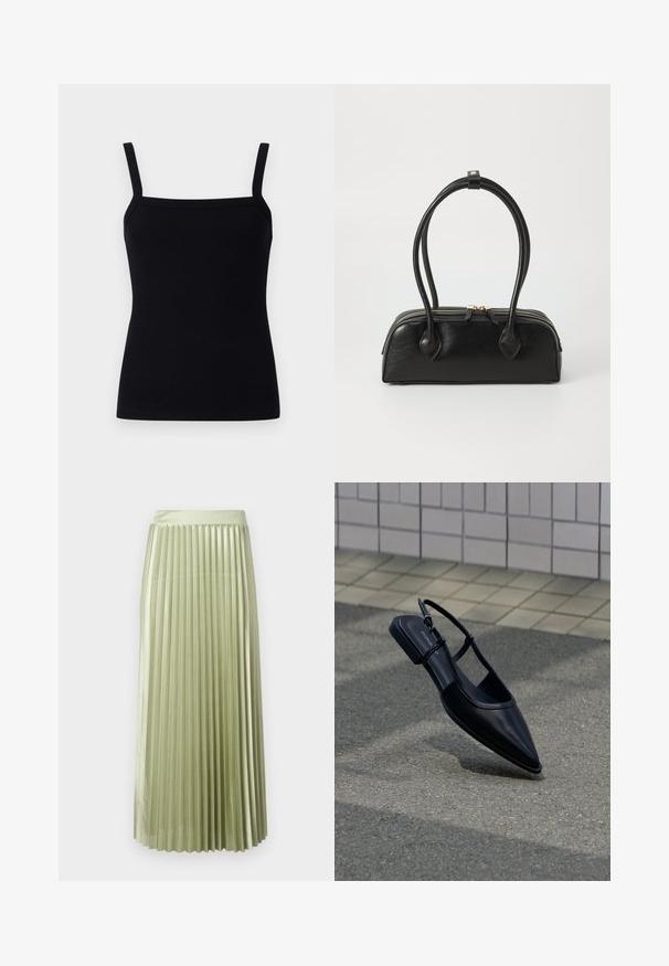 Sort ribbet tanktop med justerbare stropper, firkantet udskæring og et tætsiddende design, der krammer kroppen, lavet af et strækbart stof.; Plisseret midi-nederdel i lysegrøn satin med en glat tekstur. Tætsiddende talje, falder til midt på læggen, med lige lodrette plisseringer hele vejen igennem.; Sort slingback-flad sko med spids tå, svævende over en asfaltflade ved siden af en flisebelagt fortov.; Sort læder håndtaske med to langstrakte håndtag, lynlåslukning og afrundet form; glat tekstur med en subtil blank finish.