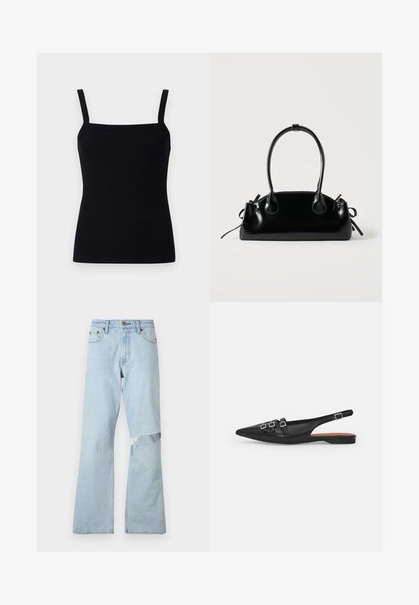 Sort ribbet tanktop med justerbare stropper, firkantet udskæring og et tætsiddende design, der krammer kroppen, lavet af et strækbart stof.; Lysblå denimjeans med flared design, der har et slidtegning på knæet og standard frontlommer.; Sort læderslyngeflad sko med spids tå, der har to vandrette stropper og firkantede sølvspænder, lav hæl og glat tekstur.; Lille sort blank håndtaske med to lange håndtag og snøre-detaljer i siden på en ensfarvet lys baggrund.