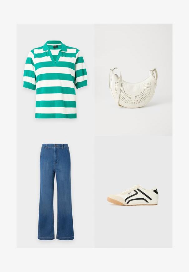 Polo verde y blanco a rayas con mangas cortas abullonadas, cuello en V y puños acanalados. Hecho de una tela suave.; Jeans de denim azul de pierna ancha con una cintura alta, presentando un cierre de botón, cinco bolsillos y una textura descolorida.; Zapatilla de lona blanca con acentos y rayas negras, punta redonda, suela de goma y una sutil marca. Tejido texturizado con superposiciones lisas.; Bolso bandolera de cuero vegano blanco con diseño circular perforado, correa ajustable y logotipo grabado en la parte delantera. Cierre de cremallera en la parte superior.