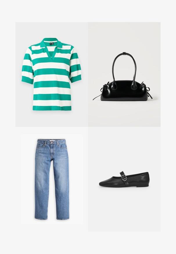 Grün-weißer Poloshirt mit kurzen Puffärmeln, einem V-Ausschnitt und gerippten Bündchen. Aus weichem Stoff gefertigt.; Hellblaue Jeans aus Denim mit geradem Schnitt, fünf Taschen und Reißverschluss. Der Stoff hat eine klassische, strukturierte Oberfläche mit leichter Ausbleichung.; Schwarzer Lederflatschuh mit runder Zehenform, einem verstellbaren Schnallenriemen und einer glatten, glänzenden Oberfläche. Minimalistisches Design mit einem niedrigen Absatz.; Kleine schwarze glänzende Handtasche mit zwei langen Griffen und seitlichen Kordelzug-Details vor einfachem hellem Hintergrund.
